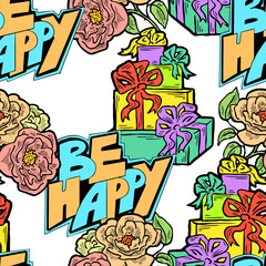 Gift box, ribbon and flowers seamless vector pattern for wrapping present with bow, party celebration, sale promotion, Textile print, fabric design, banner background. Hand drawn style illustration.