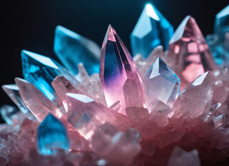 Beautiful pink and blue crystals on black background