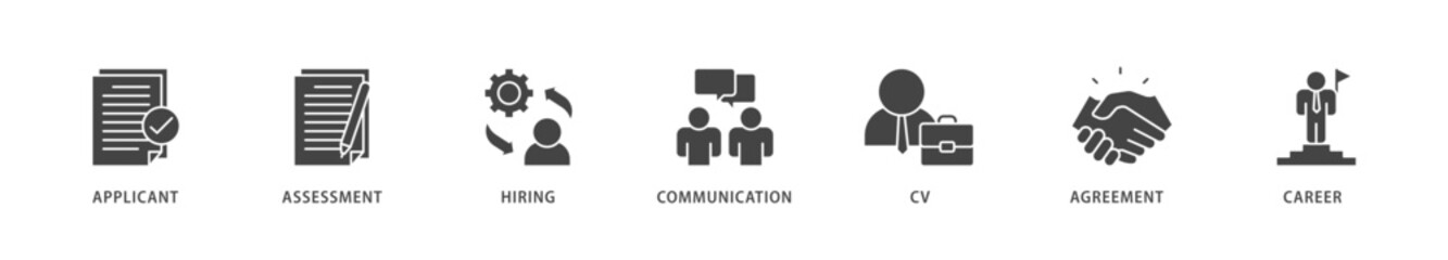 Job interview icons set collection illustration of applicant, assessment, hiring, communication, cv, agreement and career icon live stroke and easy to edit 