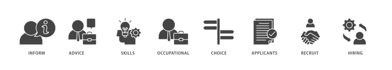 Job fair icons set collection illustration of the information, advice, skills, occupational, applicants, recruit, and hiring icon live stroke and easy to edit 