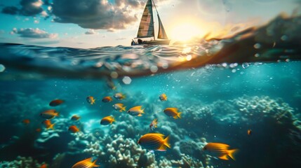 Sailing boat above and sea life fishes with coral beneath underwater in sea.