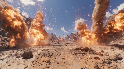 A video game scene with a lot of fire and explosions. The sky is blue and there are clouds in the background. The explosions are coming from different directions and the ground is covered in rocks