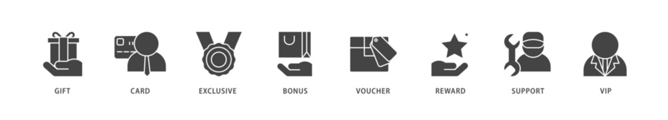 Loyalty program icons set collection illustration of vip, support, bonus, reward, voucher, exclusive, card, gift icon live stroke and easy to edit 