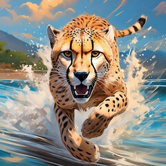 A cheetah that runs very fast on water. Hunting, speed, running, Create AI - obrazy, fototapety, plakaty