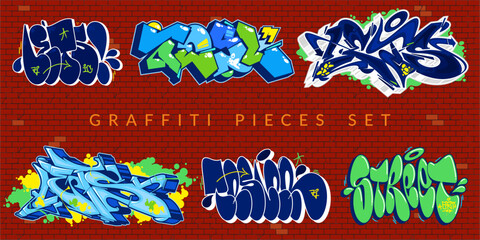 Cool Trendy Abstract Colorful Urban Graffiti Pieces Or Street Art Lettering Vector Illustration Set