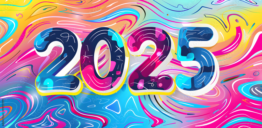 Poster a colorful background with the number twenty-five written in a stylized font. the image has a vibran