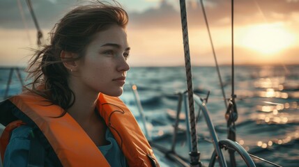 Portrait of a female sailor on deck of a sailing boat in sea.