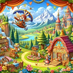 A playful cartoon background of whimsical characters and colorfu