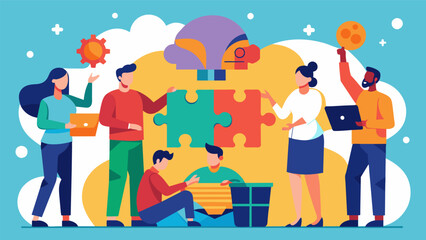 A team consisting of both leftbrained and rightbrained thinkers using their contrasting thought processes to find a solution to a complex puzzle.. Vector illustration