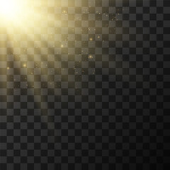 Yellow glowing light explodes on a transparent background. Sparkling magical dust particles. Bright Star. Transparent shining sun, bright flash. Vector sparkles.