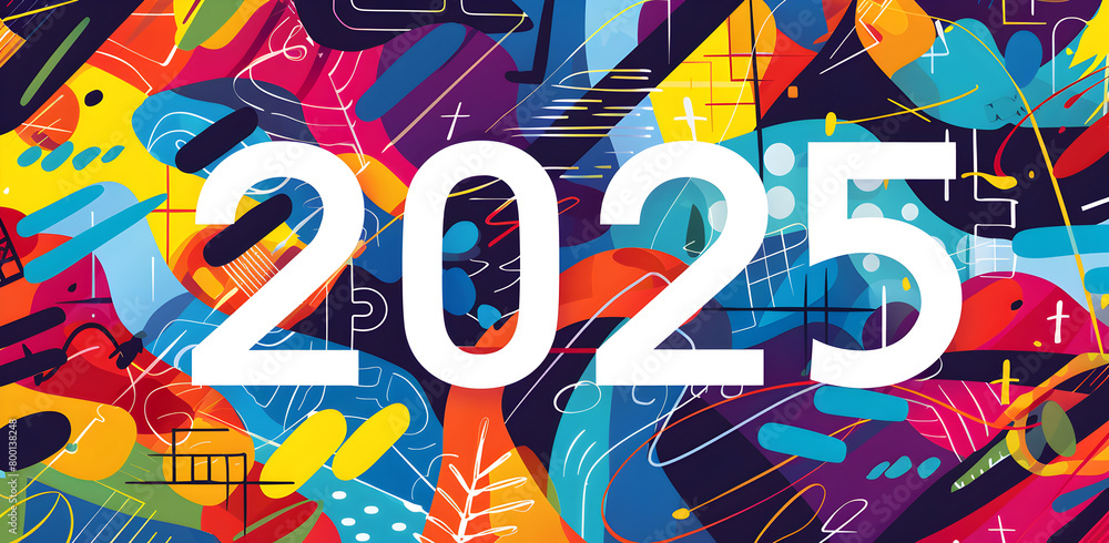 Poster a colorful background with the number 2025 in white. the background is full of different colors and 