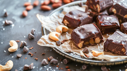 Stack of chocolate. Dark chocolate with hazelnuts on dark grey table background. Tasty sweet...