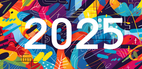 Fototapeta premium A colorful background with the number 2025 in white. The background is full of different colors and shapes, giving it a lively and energetic feel. Generative AI
