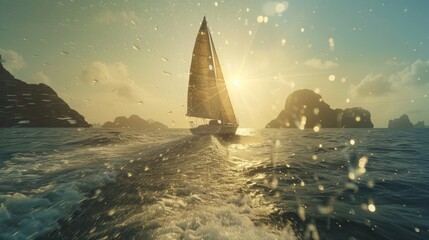 Sailing ship in sea with water splash