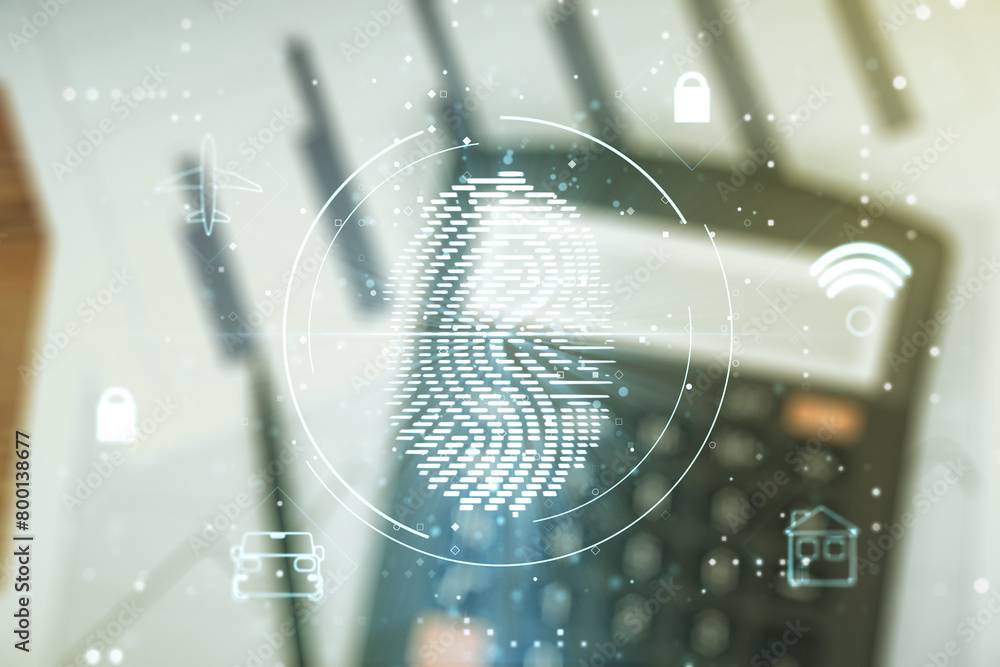 Leinwandbilder Multi exposure of virtual fingerprint scan interface on calculator and papers background, digital access concept