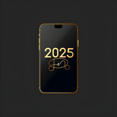 A phone with the number 2025 on it. The phone is black and gold. The background is dark. Generative AI