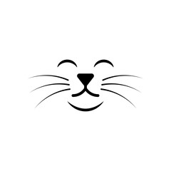 Smiling cat face with closed eyes. Separate cat nose, mouth and a long mustache. Isolated vector silhouette on white background.