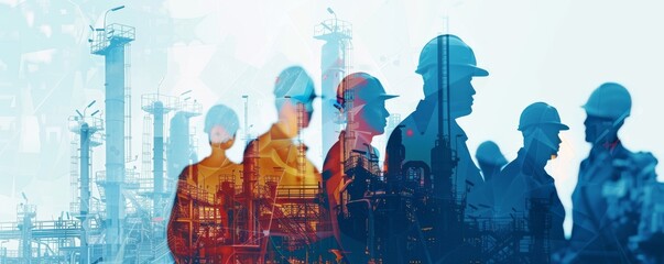 Diverse workforce in the oil and gas industry overlaid with industrial plant imagery