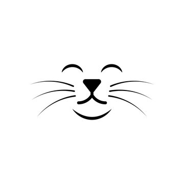Smiling cat face with closed eyes. Separate cat nose, mouth and a long mustache. Isolated vector silhouette on white background.
