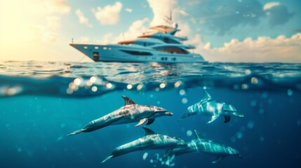 Beautiful dolphin underwater with tropical palm tree island and yacht in sea.