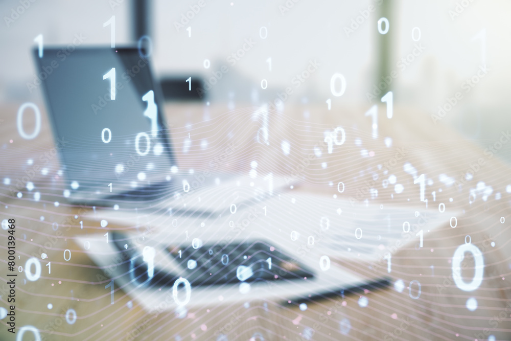 Fototapete abstract virtual binary code illustration on calculator and laptop background. big data and coding c