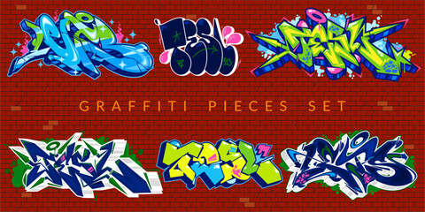 Cool Trendy Abstract Colorful Urban Graffiti Pieces Or Street Art Lettering Vector Illustration Set