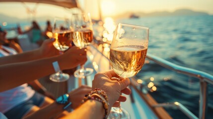 Hand holding wine glass on luxury yacht in sea.