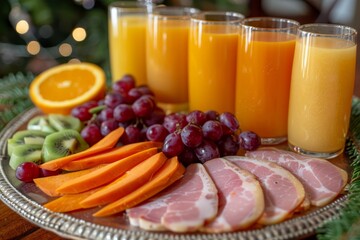 Arrangement of cured ham slices beside carrots being turned into nutrient rich juice