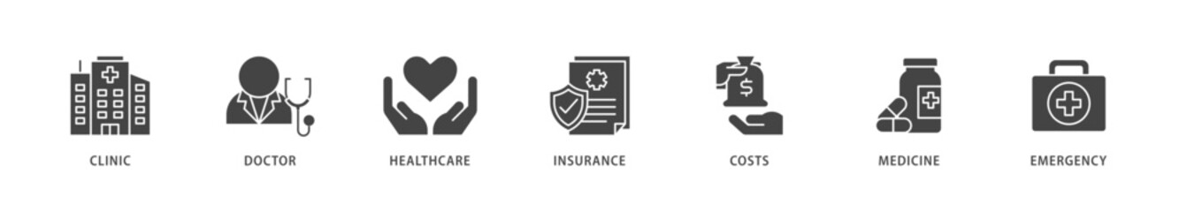 Medicare icons set collection illustration of emergency, insurance, medicine, costs, healthcare, doctor, clinic icon live stroke and easy to edit 
