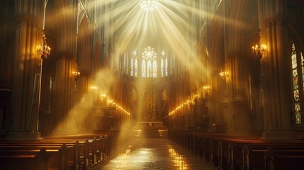 A majestic cathedral bathed in golden light, exuding a sense of divine presence and spiritual elevation on Ascension Day. 8k, realistic, full ultra HD, high resolution, cinematic photography ar 16:9