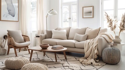 A Scandinavian-inspired living room with neutral tones, plush textiles, and natural wood accents.
