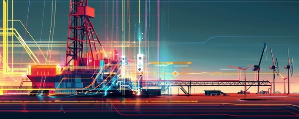 Futuristic oil derricks at night with glowing lights and digital overlays