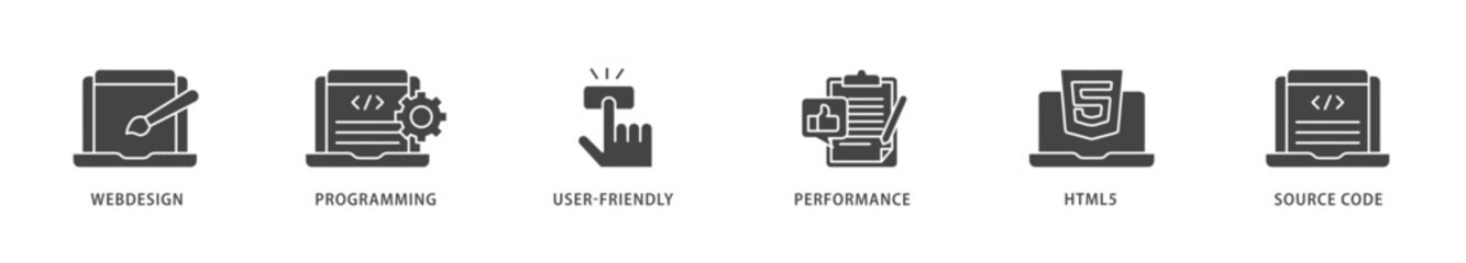 Mobile first icons set collection illustration of webdesign, programming, user friendly, performance, html5 and source code icon live stroke and easy to edit 