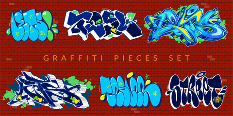 Cool Trendy Abstract Colorful Urban Graffiti Pieces Or Street Art Lettering Vector Illustration Set