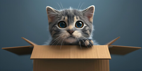 Cute little kitten in a box , A cat with big blue eyes in a box  is looking up , Closeup baby cat...