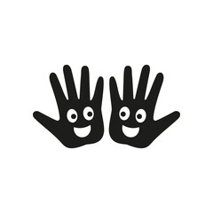 Two palms of hands together with cartoon faces smiling at each other. Vector silhouette.
