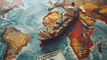 Obraz premium Container ship model on world map, transcontinental transportation or globalization concept image