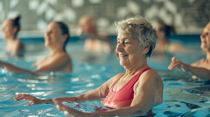 Fototapeta premium Portrait of senior female having group aqua training class in gym