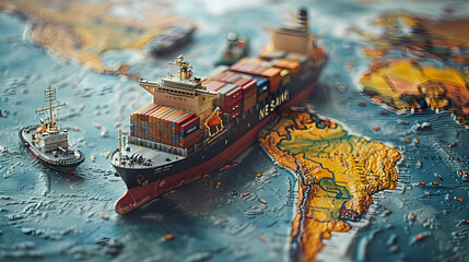 Container ship model on world map, transcontinental transportation or globalization concept image