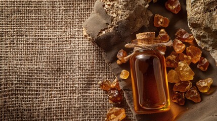 myrrh essential oil on burlap background. selective focus