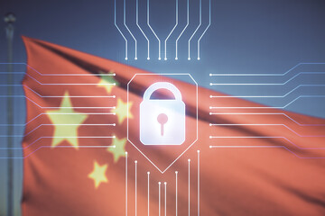 Virtual creative lock illustration with microcircuit on Chinese flag and blue sky background, cyber...