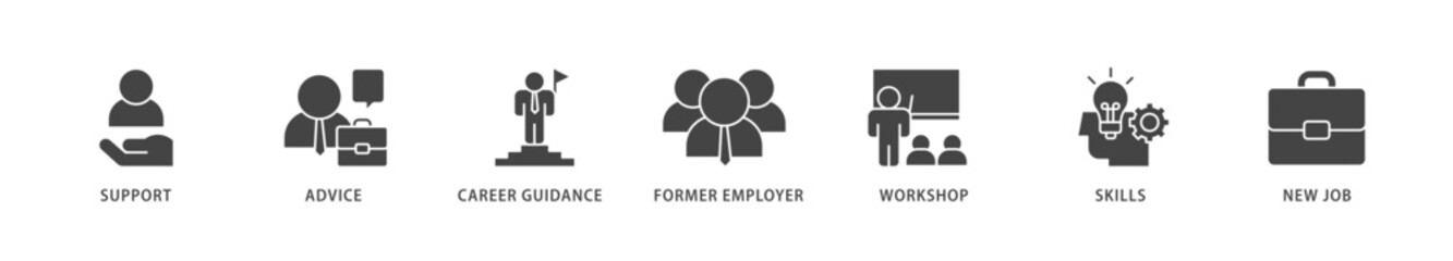 Outplacement icons set collection illustration of mer employer, workshop, skills, new job, training, and presentation icon live stroke and easy to edit 