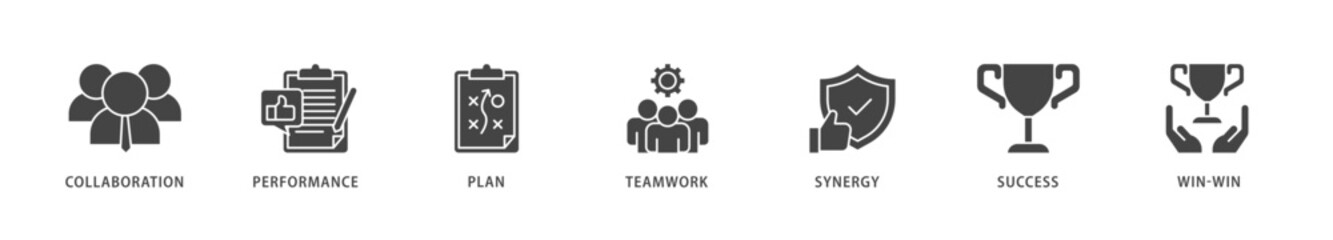 Partnership icons set collection illustration of collaboration, performance, plan, teamwork, synergy, success and win win solution icon live stroke and easy to edit 