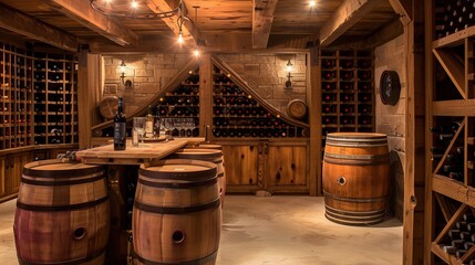 A stylish wine cellar with climate-controlled storage, rustic wine barrels, and tasting area.