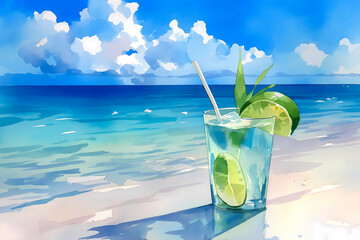 Cocktail with lime and straw on the beach. Vector illustration.
