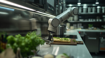 Fototapeta premium Image of a futuristic kitchen where industrial robots prepare and cook food in a high-end restaurant. ,robot arm, robot