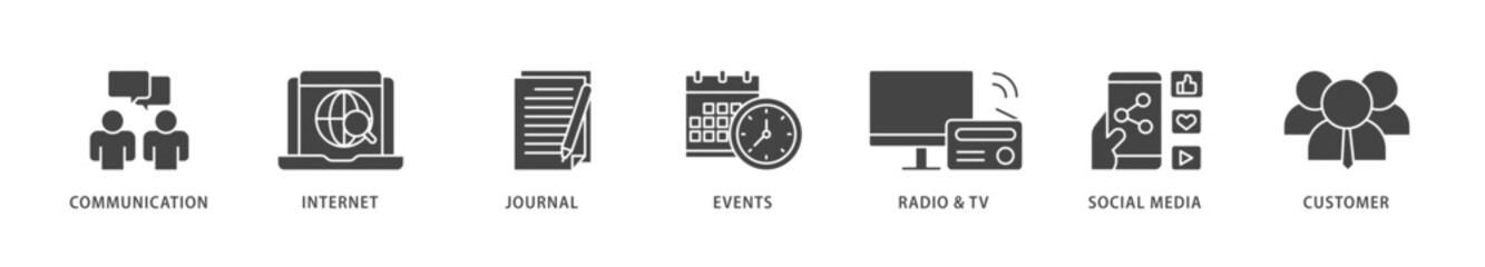 Public relations icons set collection illustration of communication, internet, journal, events, radio, tv, social media, and customer icon live stroke and easy to edit 