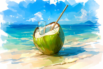 Illustration of a fresh coconut water drink with a straw on the beach