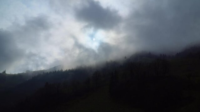 Magnificent view of the tree-covered mountain and the fog above it