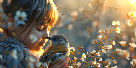 A digital artwork that captures the moment of interaction between a child and a wild animal , oneness with nature , children with birds